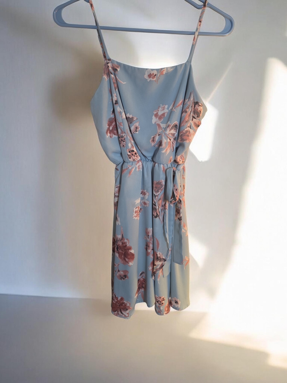 Sienna Sky Light Blue Mini Dress with Blush Floral Print